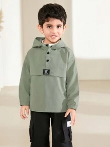 SHEIN Young Boy Front Button Long Sleeve Simple Casual Hooded Jacket