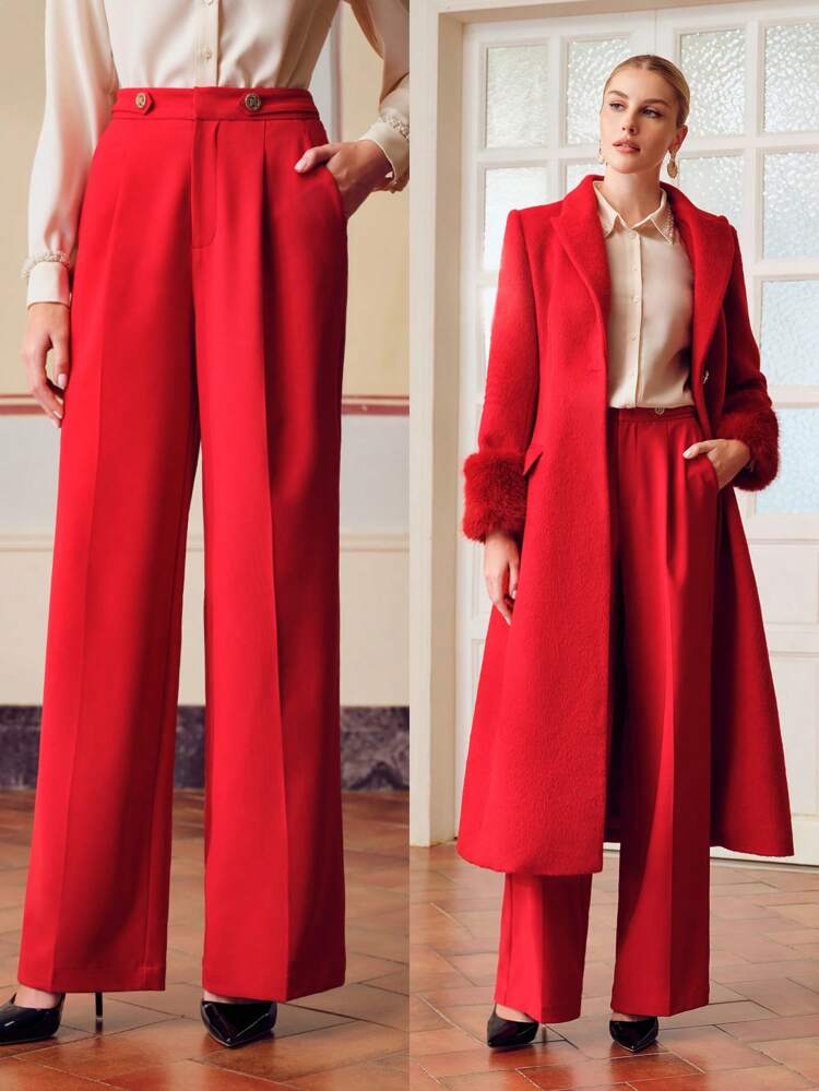 ZEYLAH SOLID SEAM FRONT SLANT POCKET WIDE LEG SUIT PANTS