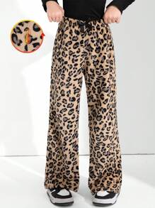 1pc Tween Girls Leopard Fleece Straight Leg Casual Pants, Autumn/Winter