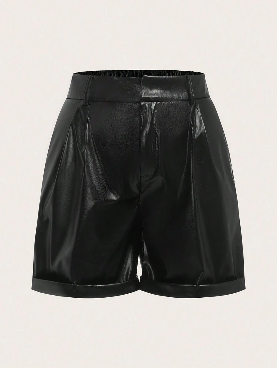 SHEIN EZwear Plus Size Women Solid Color Fold Pleated Cuffed Hem Loose Shorts - Black - View 1