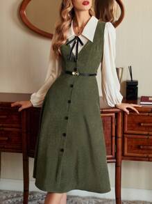 Vintamour Vintage elegantes Damenkleid aus Cord mit Einsätzen, Hemdkleid, Tankkleid mit Tasche, Schleife, Gürtel, V-Ausschnitt, Knopfdekor, hoher Bund, lässiges Regenschirmkleid für den Weg zur Arbeit, A-Linie, langes Kleid für Festivals, Winterkleidung für Frauen, langärmliges Kleid, Neujahrskleider für Damen, elegante Winterkleide für Weihnachten, Damen-Outfit, Urlaubspartykleid