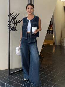 Livesso Women's Casual Denim Vest And Wide Leg Jeans Set - Dark Wash - View 2