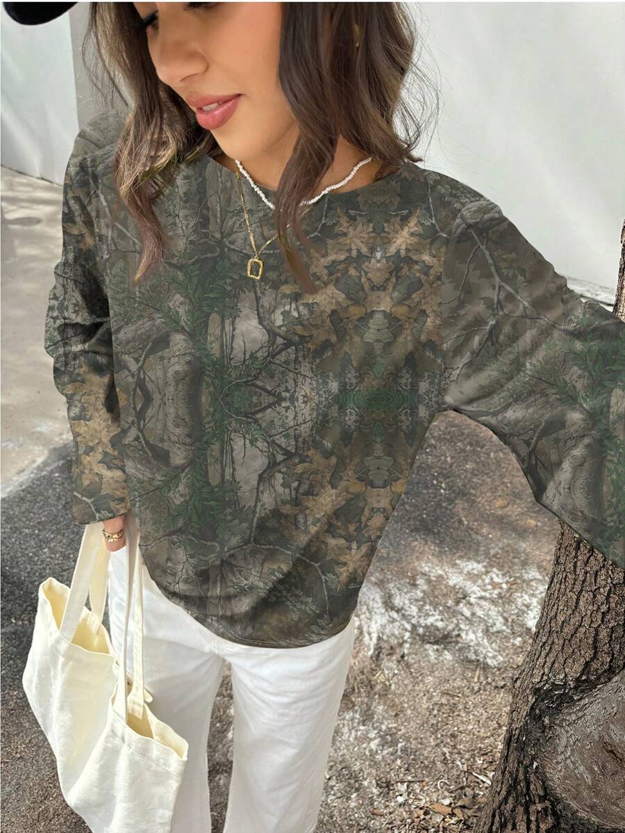 INAWLY Women's Casual Sweatshirt With Nature Tree Bark And Leaves Design, Long Sleeve, For Outdoor Autumn/Winter Pullover Fall - Multicolor - View 1