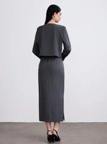 Heiryn 2 件套女士秋季优雅纯色 3D 花卉装饰夹克和裙子套装 2 件套 - 灰色 - 查看 6