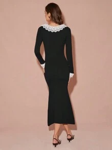 Enchnt 女士优雅舒适长款鱼尾下摆连衣裙，带蕾丝领口和袖口 - 黑色 - 查看 3