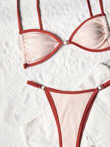 Swim SXY Women Solid Color Patchwork Ribbed Spaghetti Strap Tank Top And Thong Bikini Set Summer - Multicolor - View 6