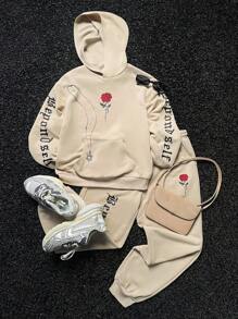 SHEIN Conjunto de 2 piezas para niño preadolescente: sudadera con capucha de manga larga con estampado de letras y flores en caqui, y pantalón de chándal - Caqui - Ver 1