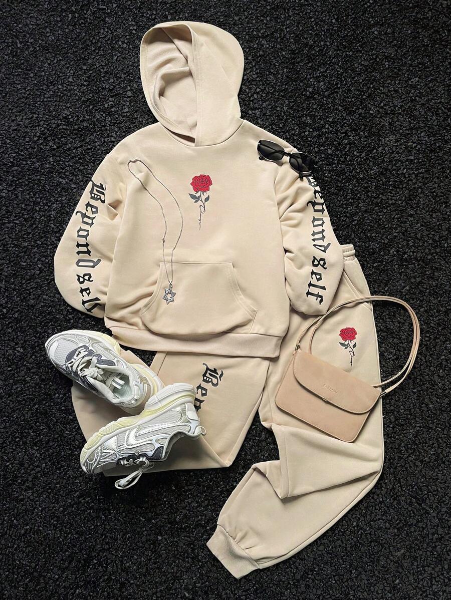 SHEIN Conjunto de 2 piezas para niño preadolescente: sudadera con capucha de manga larga con estampado de letras y flores en caqui, y pantalón de chándal - Caqui - Ver 1