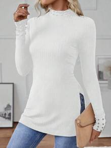 SHEIN LUNE Dames Slim Fit Lange Mouw Parel Versierd Hoge Hals Split Zoom T-shirt, Herfst/Winter