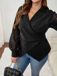 SHEIN Frenchy 大码纯色前扣长袖休闲黑色衬衫