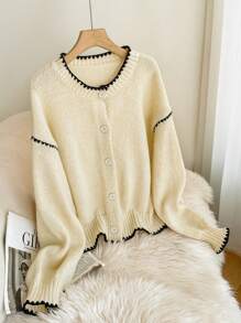 SHEIN Frenchy 大码女式撞色设计杏色开衫，时尚针织大码毛衣，适合日常穿着，新品 - 彩色 - 查看 5