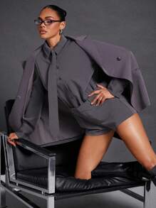 SHEIN Unity Winter Women Clothes, Sophisticated Charcoal Grey Shirt And Shorts Romper With Detachable Necktie Simple Fashion Daily Casual. For Office Wear, Business Casual, Outings, Everyday Wear, Business Women Clothes, Formal