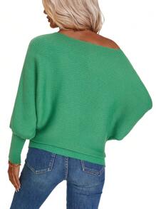 SHEIN LUNE Solid Color Loose Batwing Sleeve Sweater Top Knit Pullover Fall Winter - Green - View 2