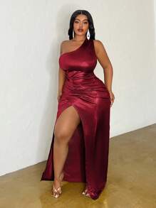 Slaydiva Elegant Asymmetrical Neck Cinched Waist Bodycon High Slit Gold Autumn Dress, Plus Size
