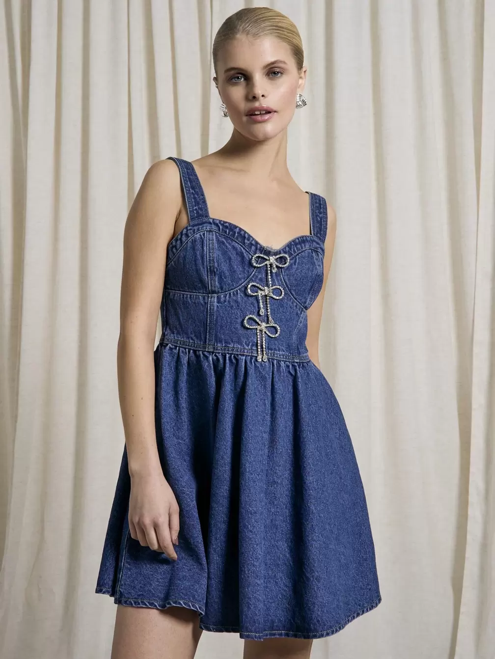 diamante denim dress ASOS LUXE scalloped denim mini dress with diamante tassels in blue