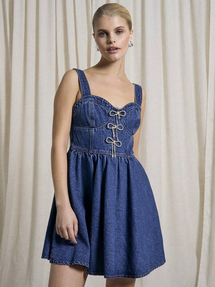 Diamante Bow Cut Detail Strappy Denim Mini Dress