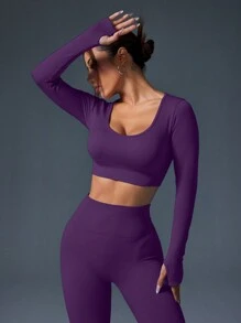 SHEIN Sport Studio Women Solid Color Round Neck Long Sleeve Top & Pants Sports Suit, Minimalist Design Gym Set Workout Women Set