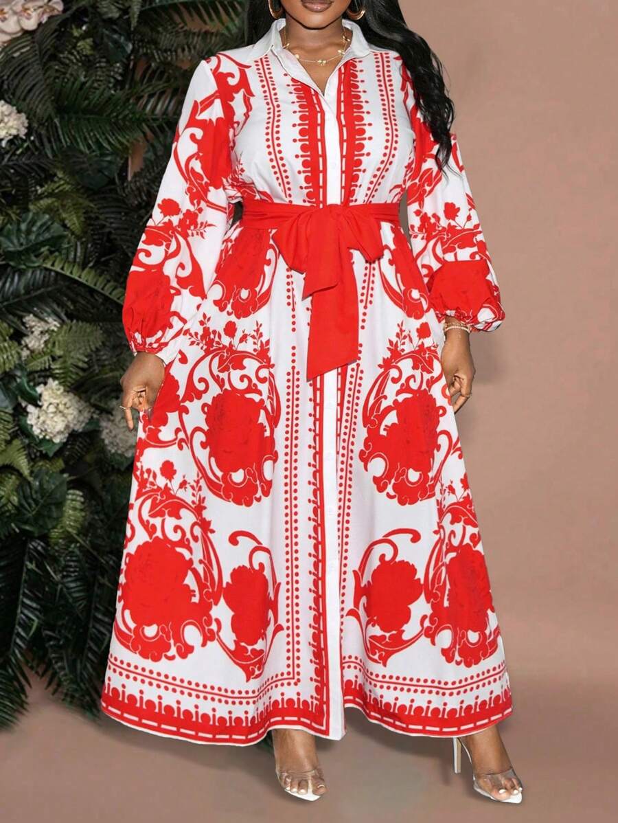 Slaydiva 优雅大码女式图腾印花 A 字衬衫裙