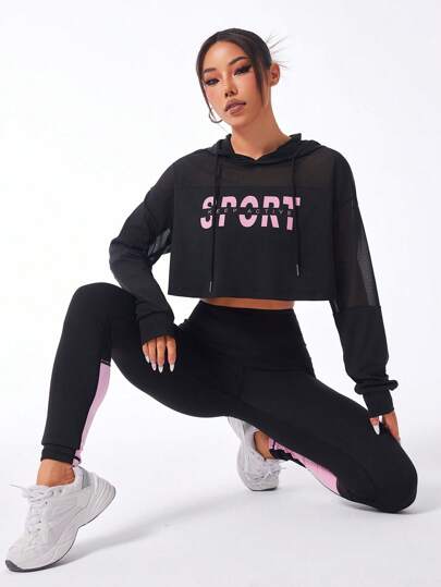 Easithlete 女士字母印花简约连帽衫和裤子运动套装