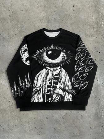 Sudadera con capucha de estilo casual de calle con estampado digital de calavera y ojo, forro térmico, estilo emo, estilo de los 2000, manga larga para hombre