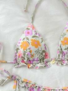 SHEIN Swim Random Print Women Sweet Floral Pattern Ruffle Shell Pendant Tie-Front Bikini Set Summer - Multicolor - View 4