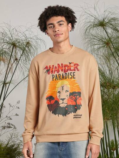 Animal Planet X SHEIN Jersey informal suelto de cuello redondo con estampado de cabeza de león en color camello para hombre, otoño/invierno