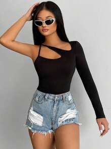 SHEIN PETITE 女士纯色单袖简约镂空休闲衬衫 - 黑色 - 查看 3