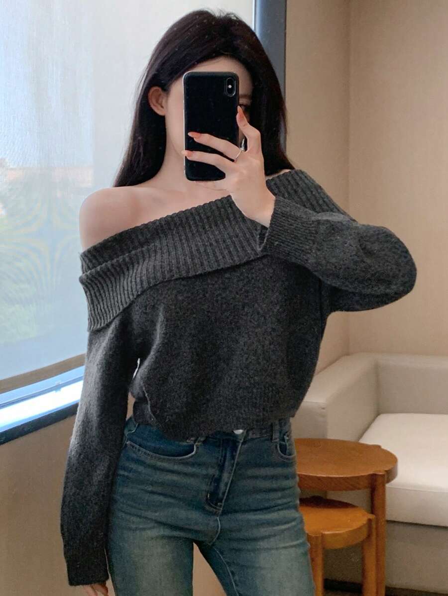 DAZY Women Solid Color Off Shoulder Sweater, Casual Long Sleeve Pullover For Autumn/Winter Crop Women Tops - Grey - View 1