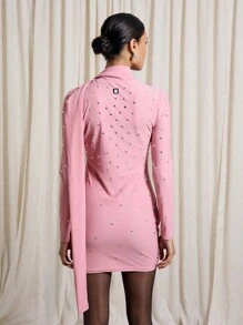 AiiRZ Embellished Neck Tie Long Sleeves Bodycon Mini Dress - Dusty Pink - View 2