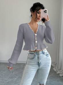 Elenzga Women Solid Color Button Front Long Sleeve Casual Blouse, Everyday Wear Fall Cloth For Women - Grey - View 6