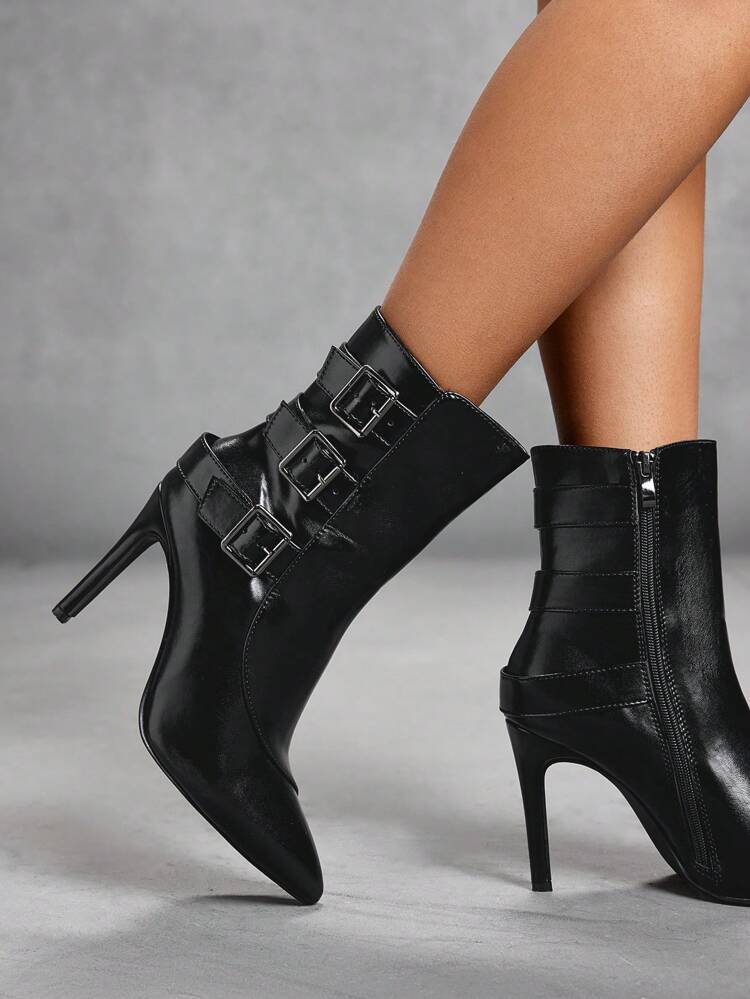 CUCCOO SZL Pointy Toe Thin High Heel Buckle Strap Mid-Calf Boots And Ankle Boots For Women, Suitable For Sexy Lady Night Out And Unisex Style