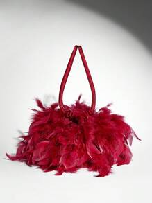 SHEIN BAE Women Luxury Feather Decorated Party Clutch, Black Handbag For Evening/Club Events Valentines