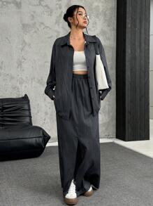 SHEIN EZwear 大码纯色前扣长袖休闲上衣和裤子两件套 - 深灰色 - 查看 5