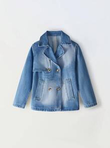 SHEIN Tween Girls Fashion Washed Blue Turndown Collar Casual Versatile Denim Jacket - Medium Wash - View 1
