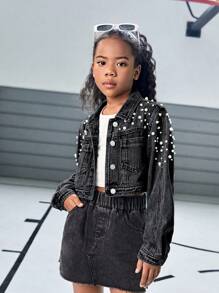 Explorewe Chaqueta vaquera brillante con decoración de tachuelas y perlas para niñas preadolescentes Y2K, adecuada para uso diario y presentaciones de moda - Negro - Ver 6