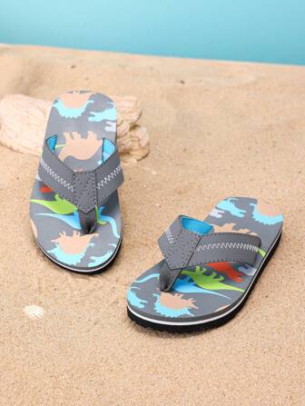 1 Pair Boys' Dinosaur Casual Comfortable Flat Outdoor Beach Flip Flops, Suitable For Summer