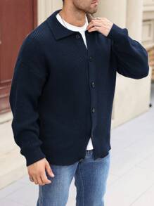 Manfinity Hypemode Plus Size Women's Solid Color Drop Shoulder Long Sleeve Single Breasted Casual Cardigan, Autumn/Winter - Navy Blue - View 3