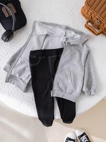 SHEIN 女婴可爱简约灰色连帽运动衫运动衫和松紧腰裤套装，秋冬 - 淺灰色 - 查看 6