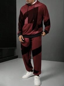 Manfinity Homme Plus Size Men's Solid Color Patchwork Casual Hooded Sweatshirt And Pants Set