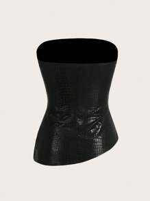 SHEIN Essnce Women's Black Leather Top Fashionable Ruched Asymmetric Hem Tube Top, Suitable For Going Out And Parties Christmas Top - Black - View 2