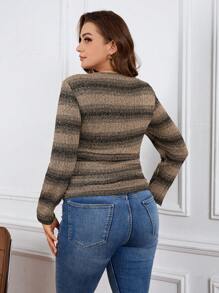 SHEIN LUNE Plus Size All Over Print Square Neck Casual Long Sleeve T-Shirt Holiday Party Tops Festivals Birthday For Women New Year For Women New Years Women - Apricot - View 2
