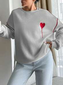 SHEIN Cottnline Red Heard Embroidered White Sweatshirt With Red Piping At Sleeves - Light Grey - View 6