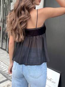 INAWLY 女士纯色结饰荷叶边下摆休闲吊带背心夏季 - 黑色 - 查看 2