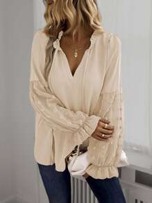 EMERY ROSE Swiss Dot Frill Trim Flare Sleeve Tie Neck Blouse,Ladies Casual Knot,Ruffle Long Sleeve Tie Neck Regular Fit Regular Apricot Flare Sleeve Top Women Blouses,Spring/Fall ,Casual Daily Wear