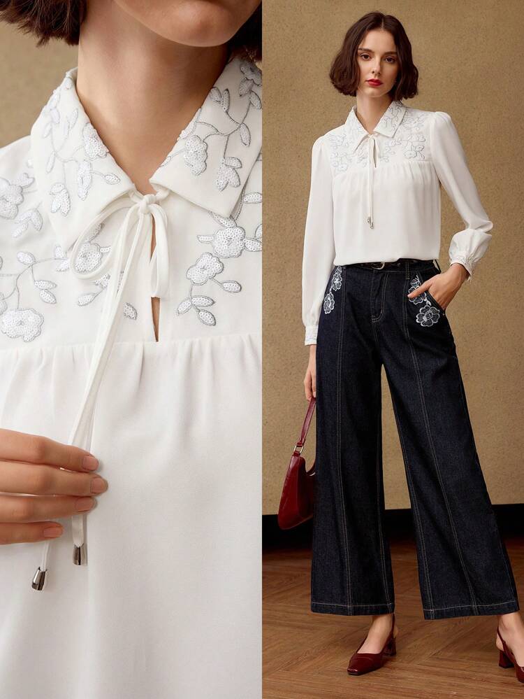 CONTRAST SEQUIN EMBROIDERY FLORAL PATTERN TIE NECK LANTERN SLEEVE TOP