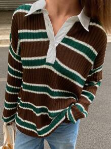 DAZY Color Block Striped Loose Long Sleeve Sweater For Women