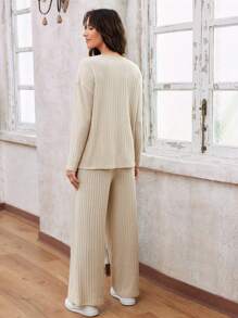 SHEIN Ensemble 2 pièces abricot : top côtelé à manches longues et pantalon, tenue de maternité confortable et décontractée pour l'automne/l'hiver