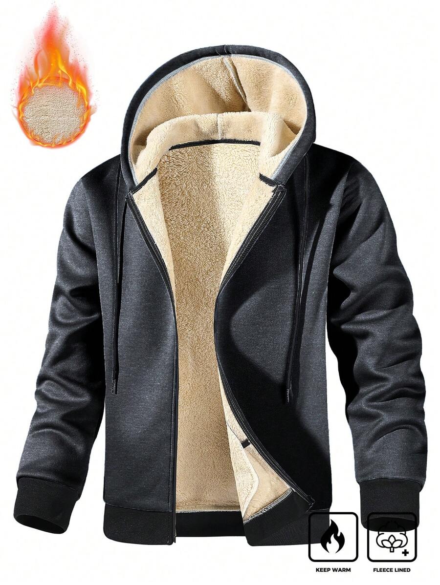 Manfinity Homme 大码男士纯色拉链立领保暖内衬休闲连帽夹克，秋冬款