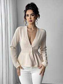 Firerie Blusa casual de manga larga con botones frontales de unicolor, para uso diario - Albaricoque - Ver 1