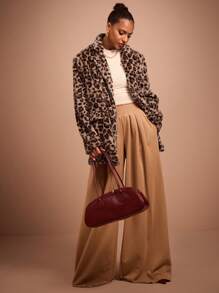 COSMINA 女式豹纹蝙蝠领宽松时尚夹克，秋冬 - 棕色 - 查看 3